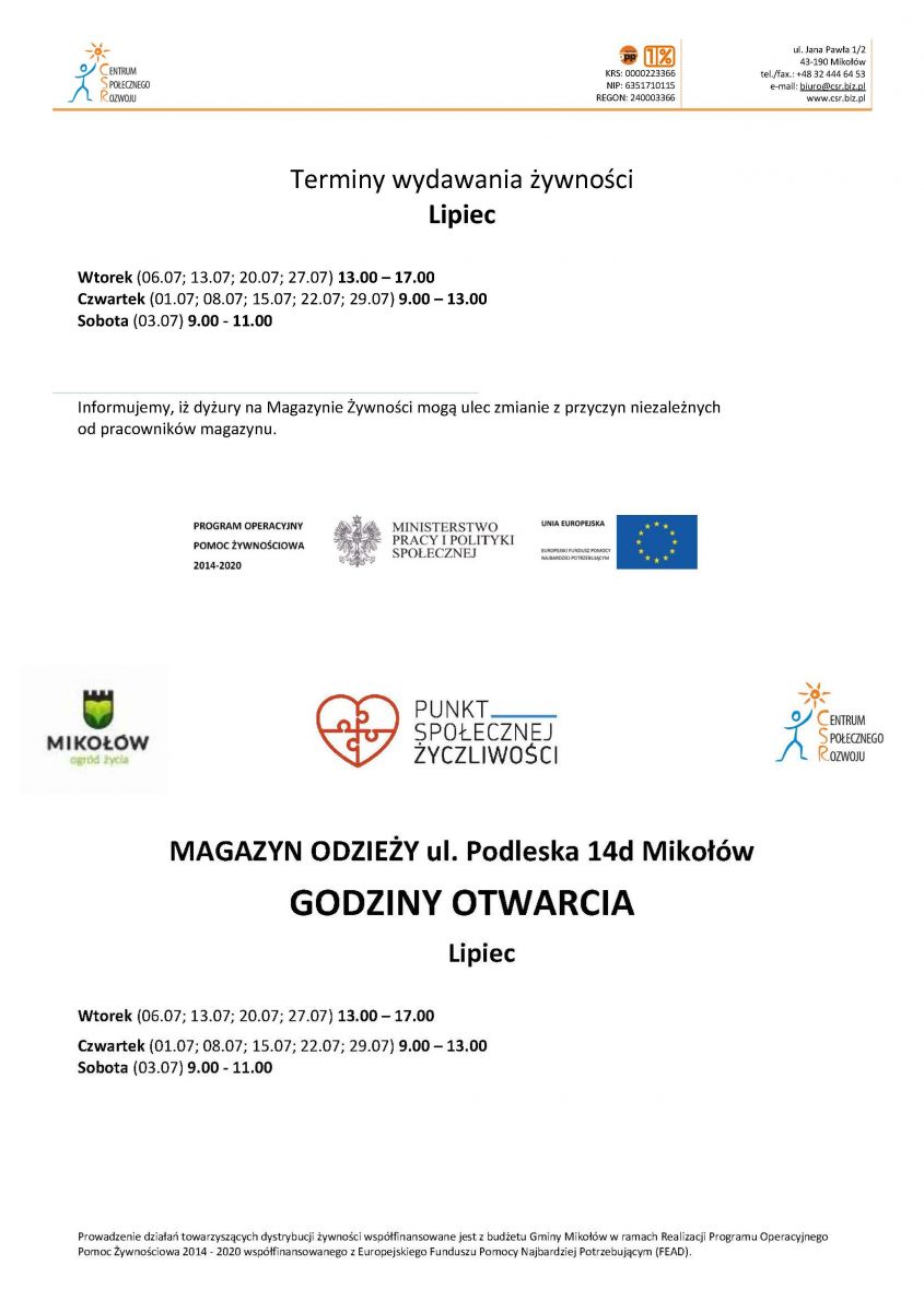 Terminy wydawki żywność i odzież licpiec 2021